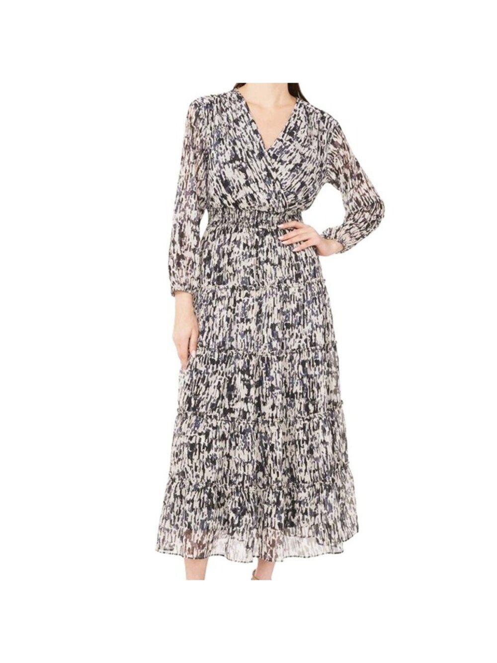MSK Black and White Printed V‑Neck Tiered ballon Sleeve Maxi Dress Size XL NWT